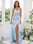 Sheath/Column Silk like Satin Ruched Spaghetti Straps Sleeveless Sweep/Brush Train Bridesmaid Dresses Evening Dress