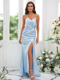Sheath/Column Silk like Satin Ruched Spaghetti Straps Sleeveless Sweep/Brush Train Bridesmaid Dresses Evening Dress