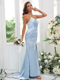 Sheath/Column Silk like Satin Ruched Spaghetti Straps Sleeveless Sweep/Brush Train Bridesmaid Dresses Evening Dress