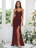 Sheath/Column Silk like Satin Ruched Spaghetti Straps Sleeveless Sweep/Brush Train Bridesmaid Dresses Evening Dress