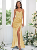Sheath/Column Silk like Satin Ruched Spaghetti Straps Sleeveless Sweep/Brush Train Bridesmaid Dresses Evening Dress