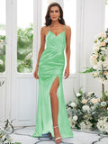 Sheath/Column Silk like Satin Ruched Spaghetti Straps Sleeveless Sweep/Brush Train Bridesmaid Dresses Evening Dress