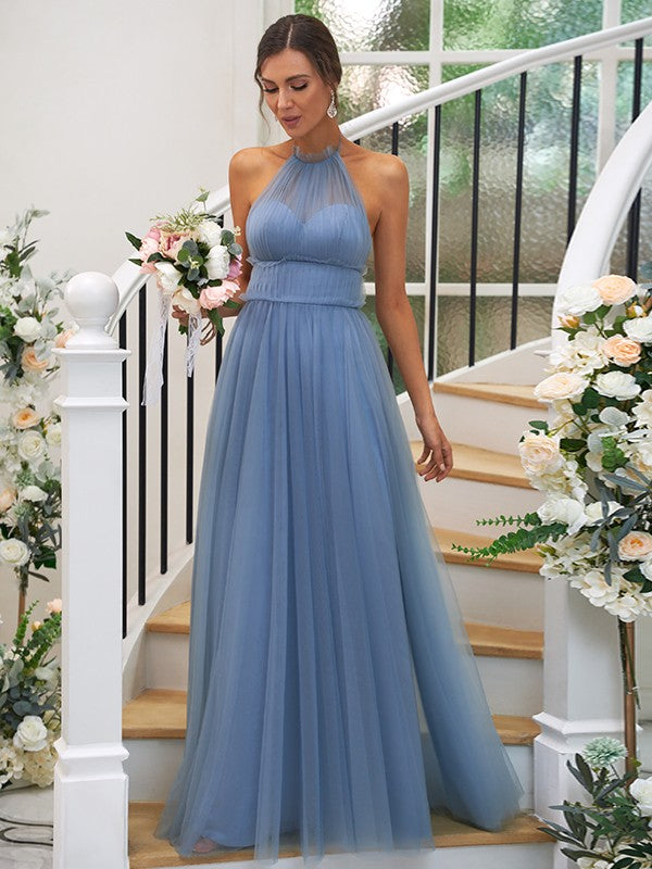 A-Line/Princess Tulle Ruched Halter Sleeveless Floor-Length Bridesmaid Dresses Evening Prom Dress