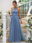 A-Line/Princess Tulle Ruched Halter Sleeveless Floor-Length Bridesmaid Dresses Evening Prom Dress