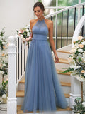 A-Line/Princess Tulle Ruched Halter Sleeveless Floor-Length Bridesmaid Dresses Evening Prom Dress