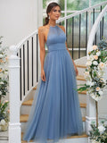 A-Line/Princess Tulle Ruched Halter Sleeveless Floor-Length Bridesmaid Dresses Evening Prom Dress