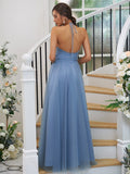 A-Line/Princess Tulle Ruched Halter Sleeveless Floor-Length Bridesmaid Dresses Evening Prom Dress