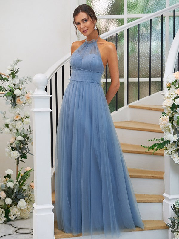 A-Line/Princess Tulle Ruched Halter Sleeveless Floor-Length Bridesmaid Dresses Evening Prom Dress