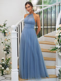 A-Line/Princess Tulle Ruched Halter Sleeveless Floor-Length Bridesmaid Dresses Evening Prom Dress