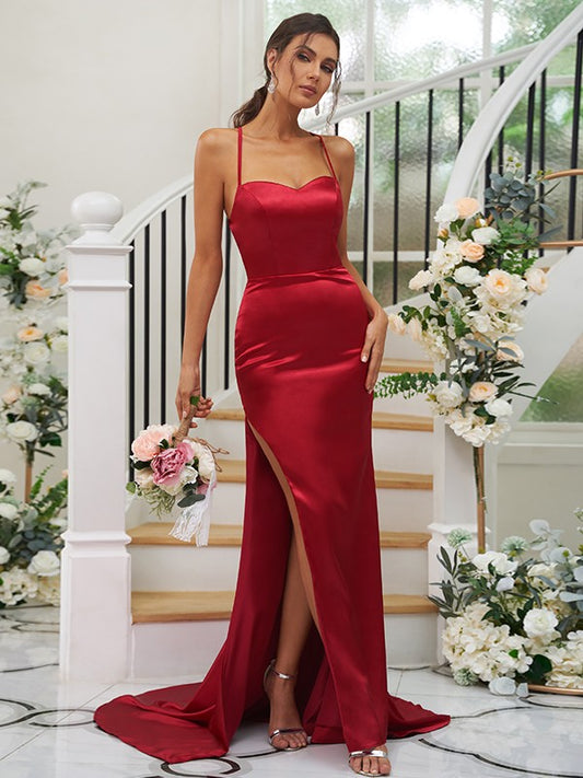 Sheath/Column Silk like Satin Ruched Square Sleeveless Sweep/Brush Train Bridesmaid Dresses Evening Dress