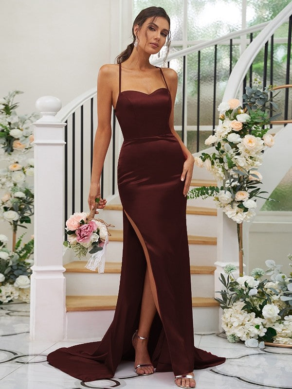 Sheath/Column Silk like Satin Ruched Square Sleeveless Sweep/Brush Train Bridesmaid Dresses Evening Dress