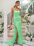 Sheath/Column Silk like Satin Ruched Square Sleeveless Sweep/Brush Train Bridesmaid Dresses Evening Dress