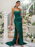 Sheath/Column Silk like Satin Ruched Square Sleeveless Sweep/Brush Train Bridesmaid Dresses Evening Dress