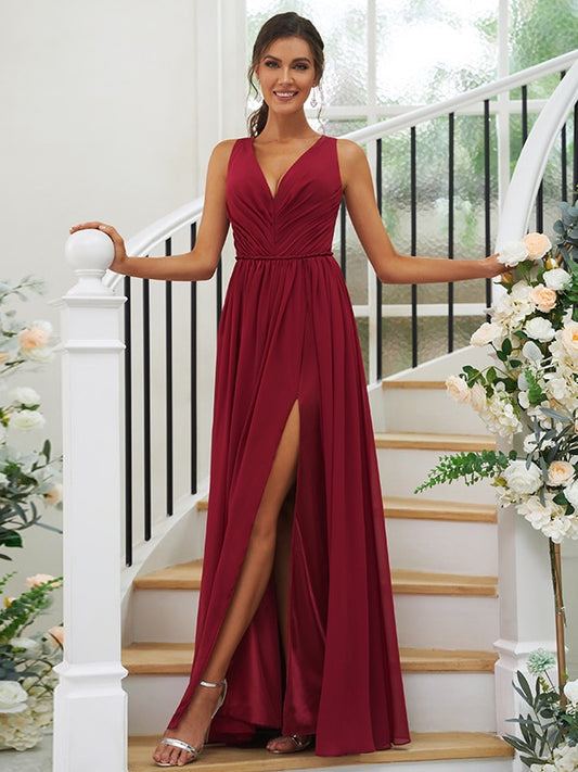 A-Line/Princess Chiffon Ruffles V-neck Sleeveless Floor-Length Bridesmaid Dresses Evening Dress