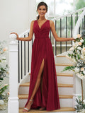 A-Line/Princess Chiffon Ruffles V-neck Sleeveless Floor-Length Bridesmaid Dresses Evening Dress