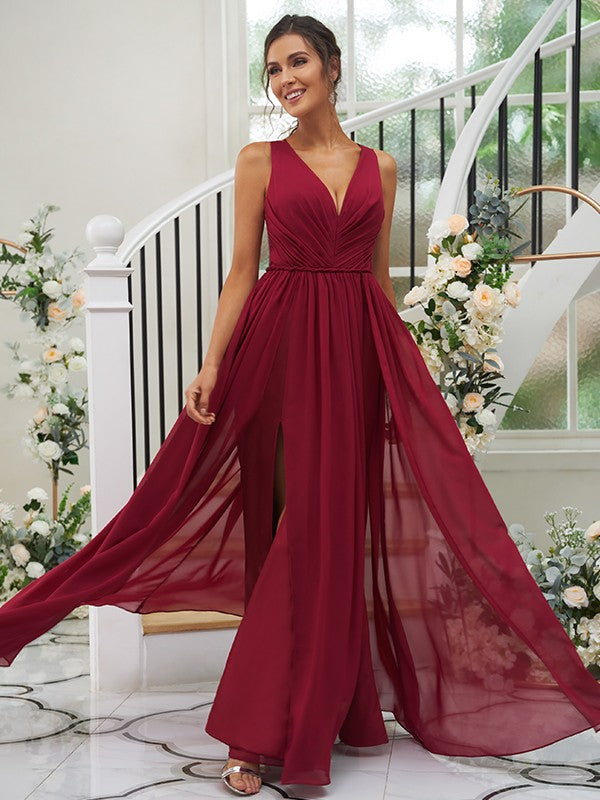 A-Line/Princess Chiffon Ruffles V-neck Sleeveless Floor-Length Bridesmaid Dresses Evening Dress
