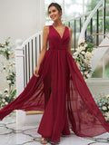 A-Line/Princess Chiffon Ruffles V-neck Sleeveless Floor-Length Bridesmaid Dresses Evening Dress