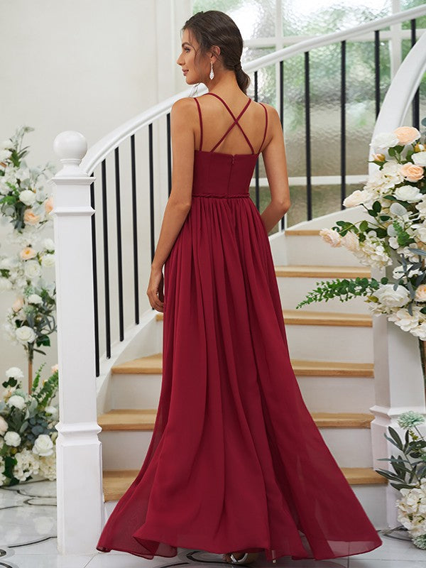 A-Line/Princess Chiffon Ruffles V-neck Sleeveless Floor-Length Bridesmaid Dresses Evening Dress