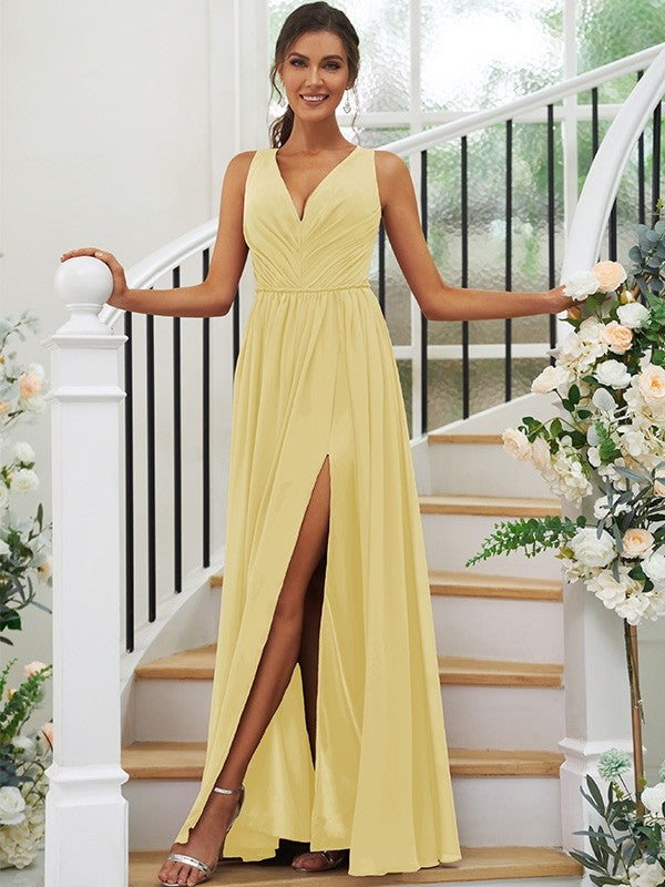 A-Line/Princess Chiffon Ruffles V-neck Sleeveless Floor-Length Bridesmaid Dresses Evening Dress
