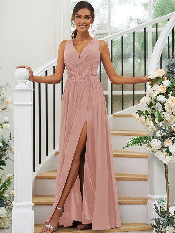 A-Line/Princess Chiffon Ruffles V-neck Sleeveless Floor-Length Bridesmaid Dresses Evening Dress