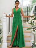 A-Line/Princess Chiffon Ruffles V-neck Sleeveless Floor-Length Bridesmaid Dresses Evening Dress