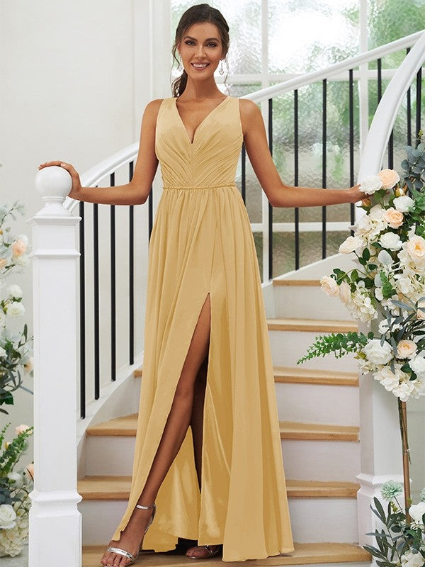A-Line/Princess Chiffon Ruffles V-neck Sleeveless Floor-Length Bridesmaid Dresses Evening Dress