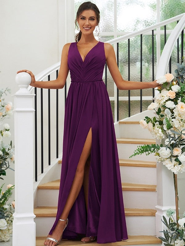 A-Line/Princess Chiffon Ruffles V-neck Sleeveless Floor-Length Bridesmaid Dresses Evening Dress