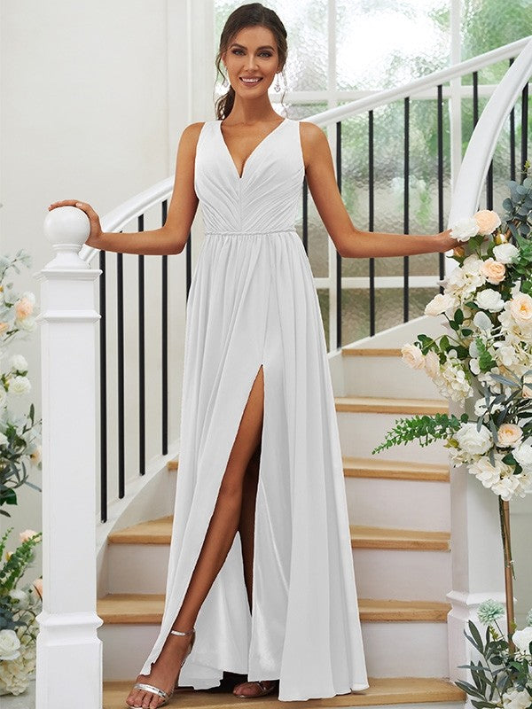 A-Line/Princess Chiffon Ruffles V-neck Sleeveless Floor-Length Bridesmaid Dresses Evening Dress