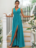 A-Line/Princess Chiffon Ruffles V-neck Sleeveless Floor-Length Bridesmaid Dresses Evening Dress