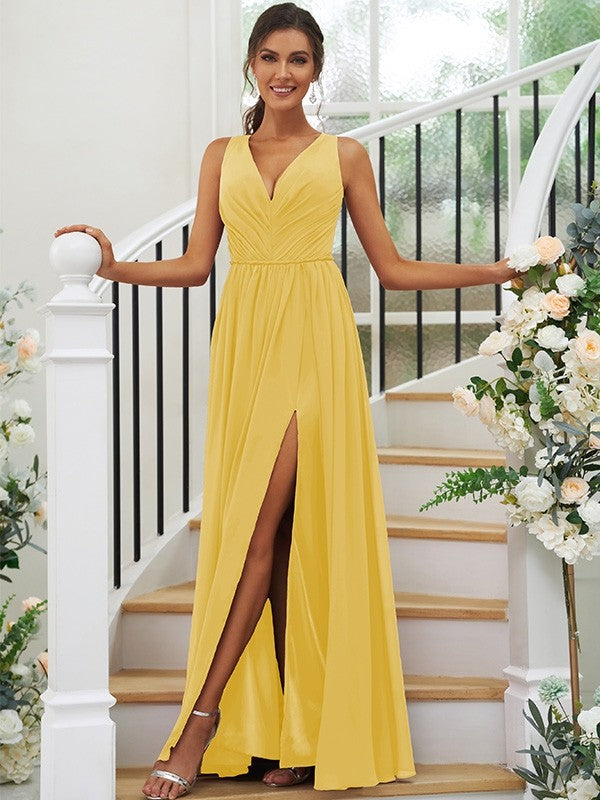 A-Line/Princess Chiffon Ruffles V-neck Sleeveless Floor-Length Bridesmaid Dresses Evening Dress