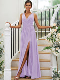 A-Line/Princess Chiffon Ruffles V-neck Sleeveless Floor-Length Bridesmaid Dresses Evening Dress