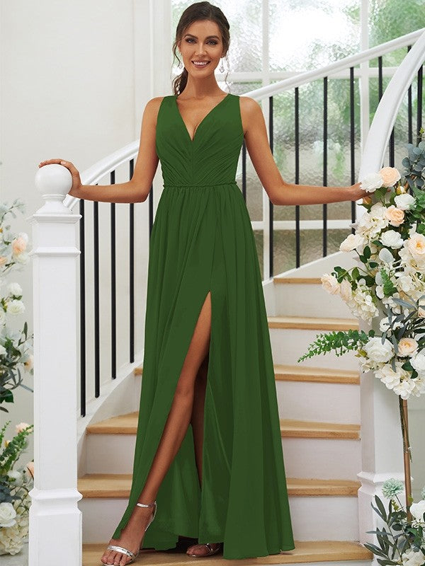 A-Line/Princess Chiffon Ruffles V-neck Sleeveless Floor-Length Bridesmaid Dresses Evening Dress