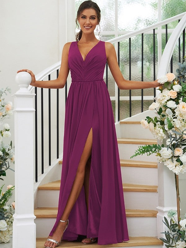 A-Line/Princess Chiffon Ruffles V-neck Sleeveless Floor-Length Bridesmaid Dresses Evening Dress