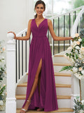 A-Line/Princess Chiffon Ruffles V-neck Sleeveless Floor-Length Bridesmaid Dresses Evening Dress