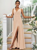 A-Line/Princess Chiffon Ruffles V-neck Sleeveless Floor-Length Bridesmaid Dresses Evening Dress