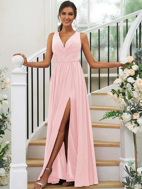 A-Line/Princess Chiffon Ruffles V-neck Sleeveless Floor-Length Bridesmaid Dresses Evening Dress