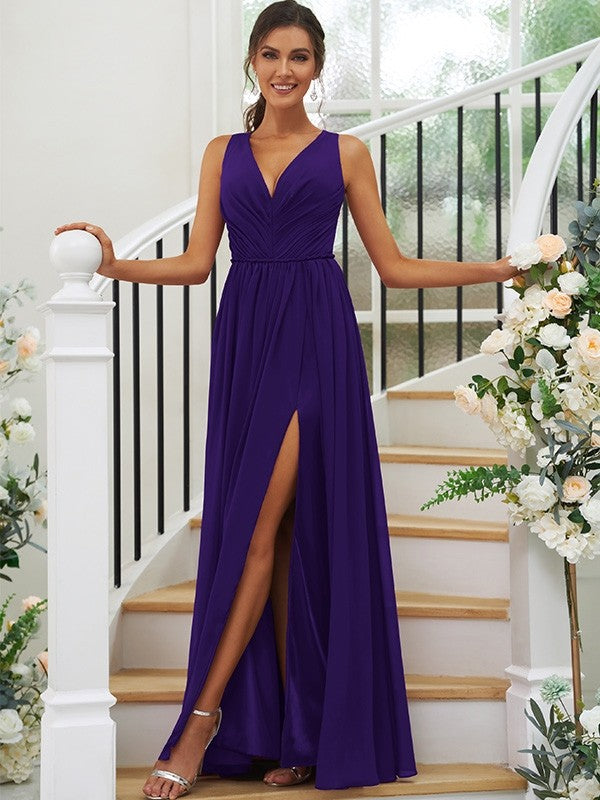 A-Line/Princess Chiffon Ruffles V-neck Sleeveless Floor-Length Bridesmaid Dresses Evening Dress