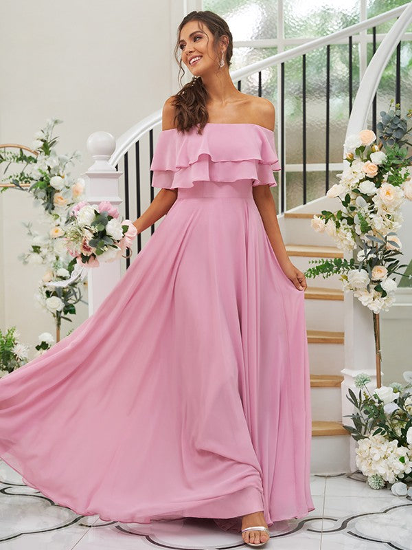 A-Line/Princess Chiffon Ruffles Off-the-Shoulder Sleeveless Floor-Length Bridesmaid Dresses Prom Dress