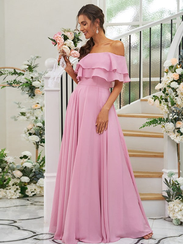 A-Line/Princess Chiffon Ruffles Off-the-Shoulder Sleeveless Floor-Length Bridesmaid Dresses Prom Dress