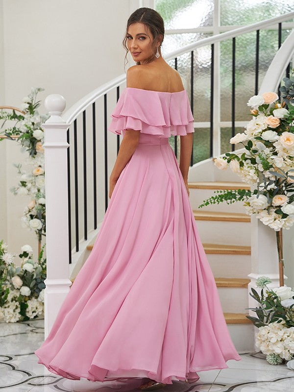 A-Line/Princess Chiffon Ruffles Off-the-Shoulder Sleeveless Floor-Length Bridesmaid Dresses Prom Dress
