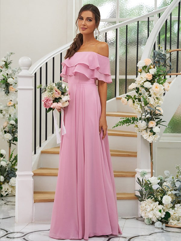 A-Line/Princess Chiffon Ruffles Off-the-Shoulder Sleeveless Floor-Length Bridesmaid Dresses Prom Dress