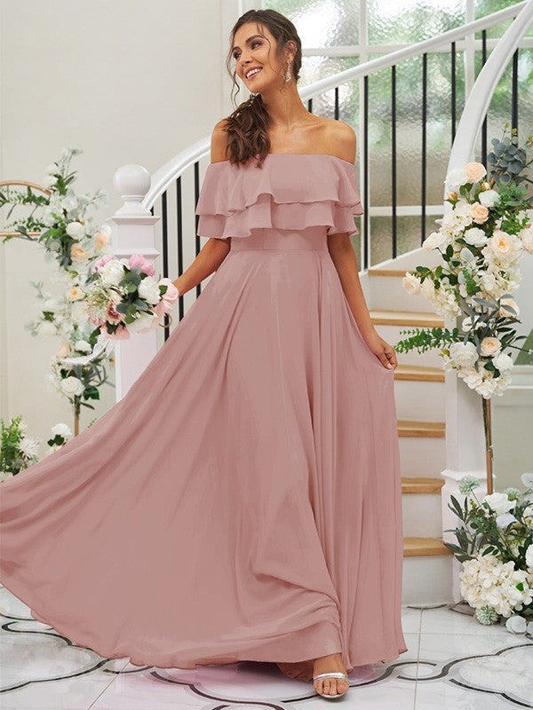 A-Line/Princess Chiffon Ruffles Off-the-Shoulder Sleeveless Floor-Length Bridesmaid Dresses Prom Dress