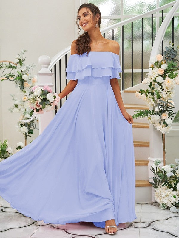 A-Line/Princess Chiffon Ruffles Off-the-Shoulder Sleeveless Floor-Length Bridesmaid Dresses Prom Dress