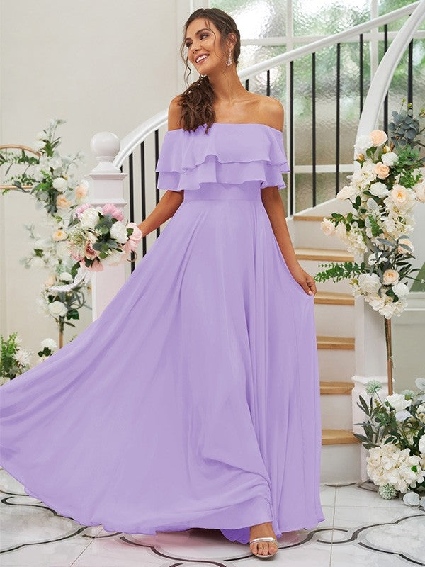 A-Line/Princess Chiffon Ruffles Off-the-Shoulder Sleeveless Floor-Length Bridesmaid Dresses Prom Dress