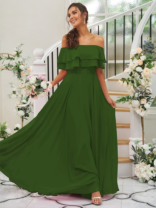 A-Line/Princess Chiffon Ruffles Off-the-Shoulder Sleeveless Floor-Length Bridesmaid Dresses Prom Dress