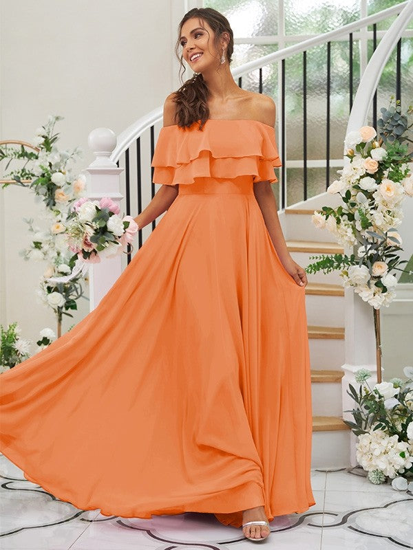 A-Line/Princess Chiffon Ruffles Off-the-Shoulder Sleeveless Floor-Length Bridesmaid Dresses Prom Dress