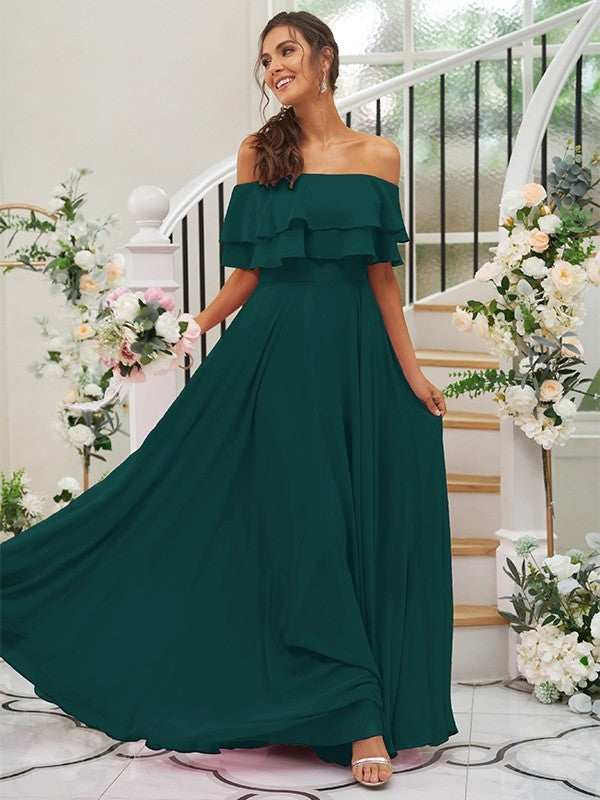 A-Line/Princess Chiffon Ruffles Off-the-Shoulder Sleeveless Floor-Length Bridesmaid Dresses Prom Dress