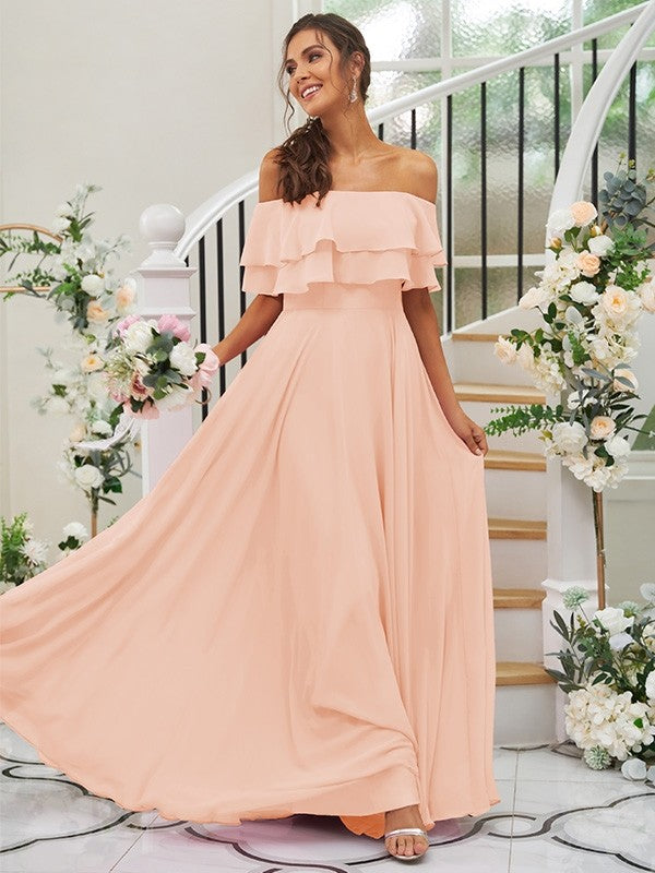 A-Line/Princess Chiffon Ruffles Off-the-Shoulder Sleeveless Floor-Length Bridesmaid Dresses Prom Dress