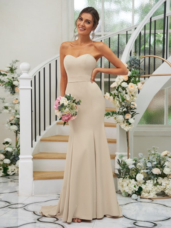 Trumpet/Mermaid Stretch Crepe Ruffles Strapless Sleeveless Sweep/Brush Train Bridesmaid Dresses Evening Dress