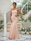 Trumpet/Mermaid Stretch Crepe Ruffles Strapless Sleeveless Sweep/Brush Train Bridesmaid Dresses Evening Dress
